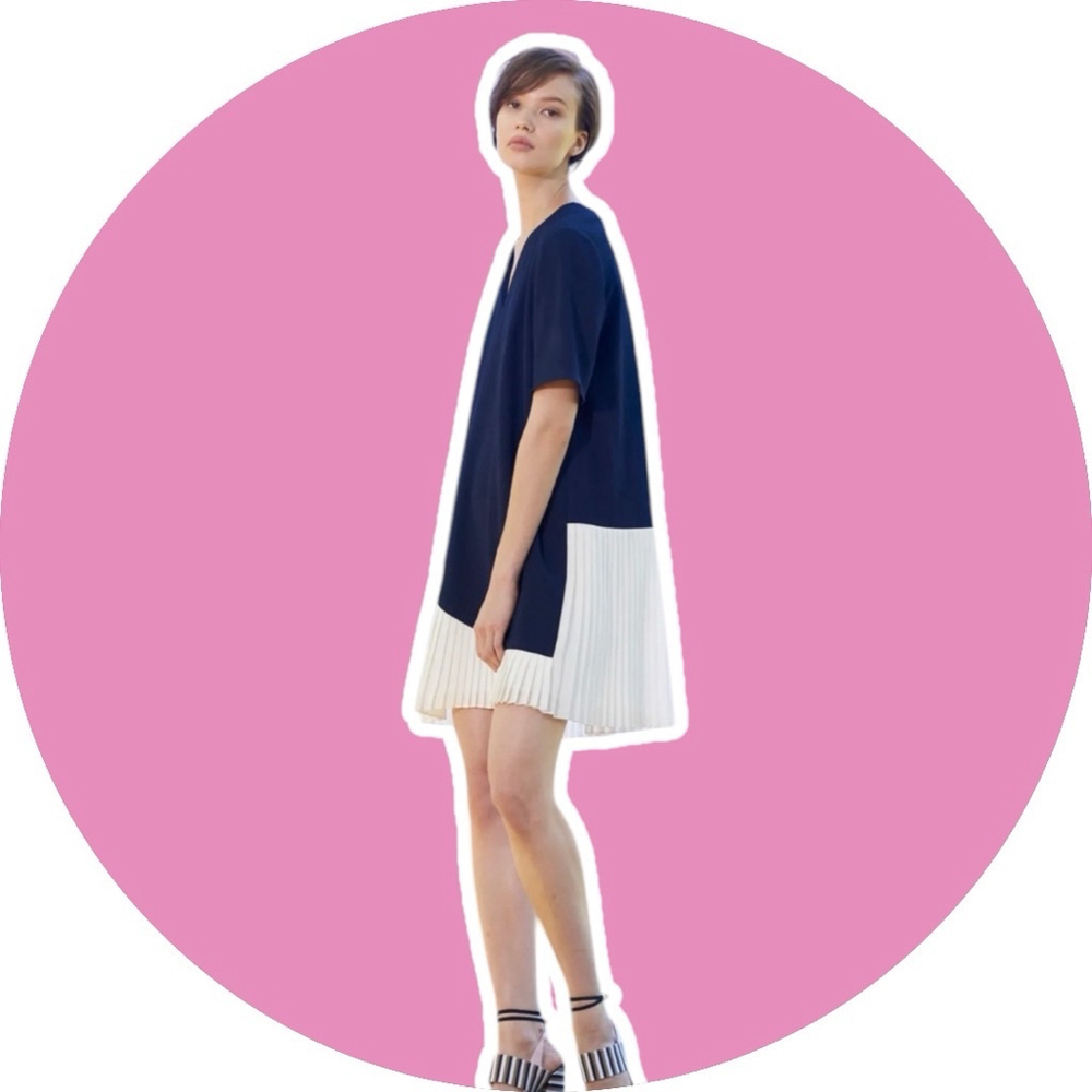 Tanya Taylor Sheath Dress with Pleated Skirt Navy/Blue XS-S